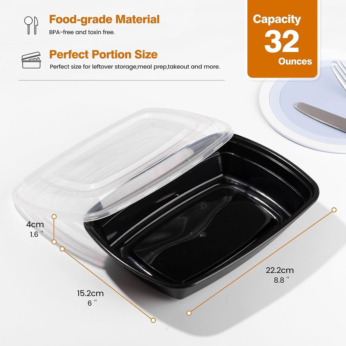 Glotoch Express 32oz 1-Compartment Black Square Food Containers with Lids, Durable BPA-Free Plastic Meal Prep Boxes, Microwave/Freezer/Dishwasher Safe, 300 Pack