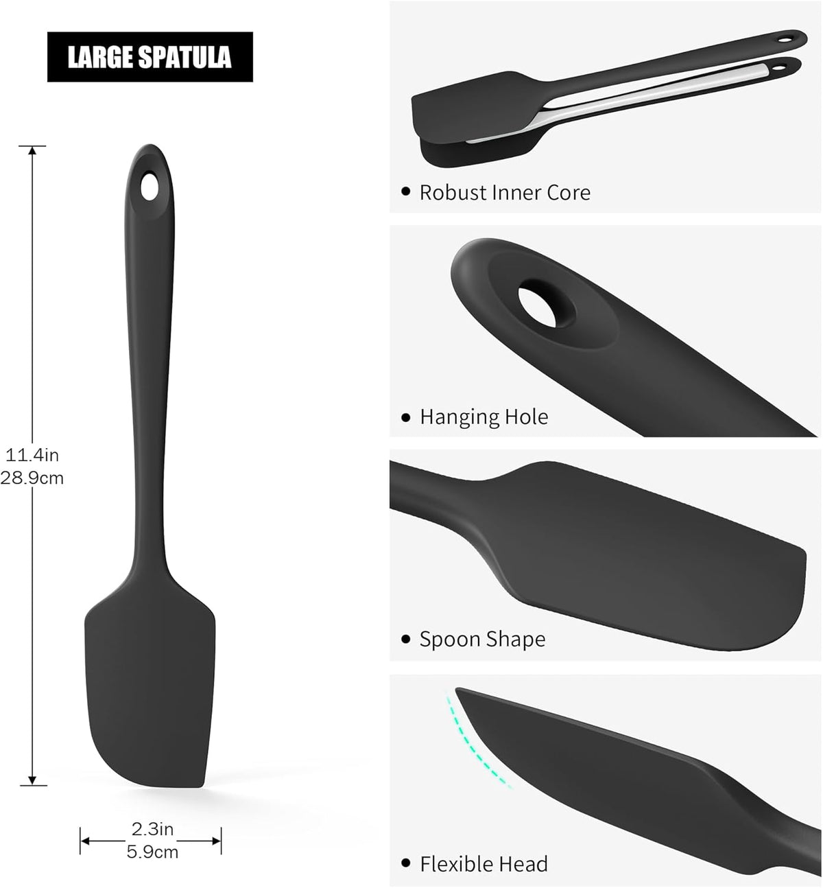 600°F Heat Resistant Silicone Spatula, Doosu High Temp Flexible Kitchen Rubber Bowl Scrapers Food Grade Seamless Baking Supplies Scratch-Proof for Scraping Non-Stick Pans (Black, 11.4in)