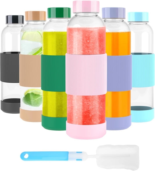 18 oz Clear Glass Juice Bottles with Lids and Silicone Sleeve, Reusable Glass Water Bottles with Stainless Steel Cap for Juicing, Refrigerator,100% Leak Proof, BPA Free, Set of 6
