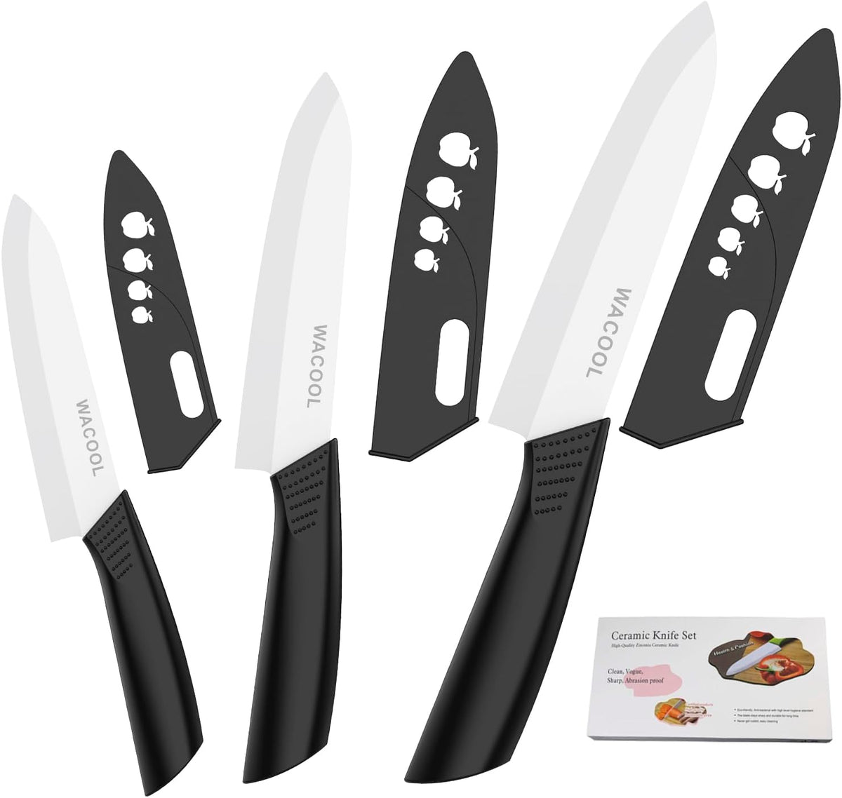 WACOOL Ceramic Knife Set with Sheaths, include 3-Piece: 6-inch Chef's Knife, 5-inch Utility Knife, 4-inch Fruit Paring Knife (Black Handle)