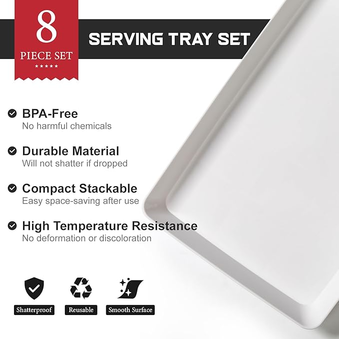 8 Pack, 16" x 11" Large White Serving Trays Set - Reusable Plastic Serving Platters for Cookie, Appetizer, Charcuterie, Snack, Dessert, Party Food Display - Stackable Kitchen CounterTop Tray, BPA Free