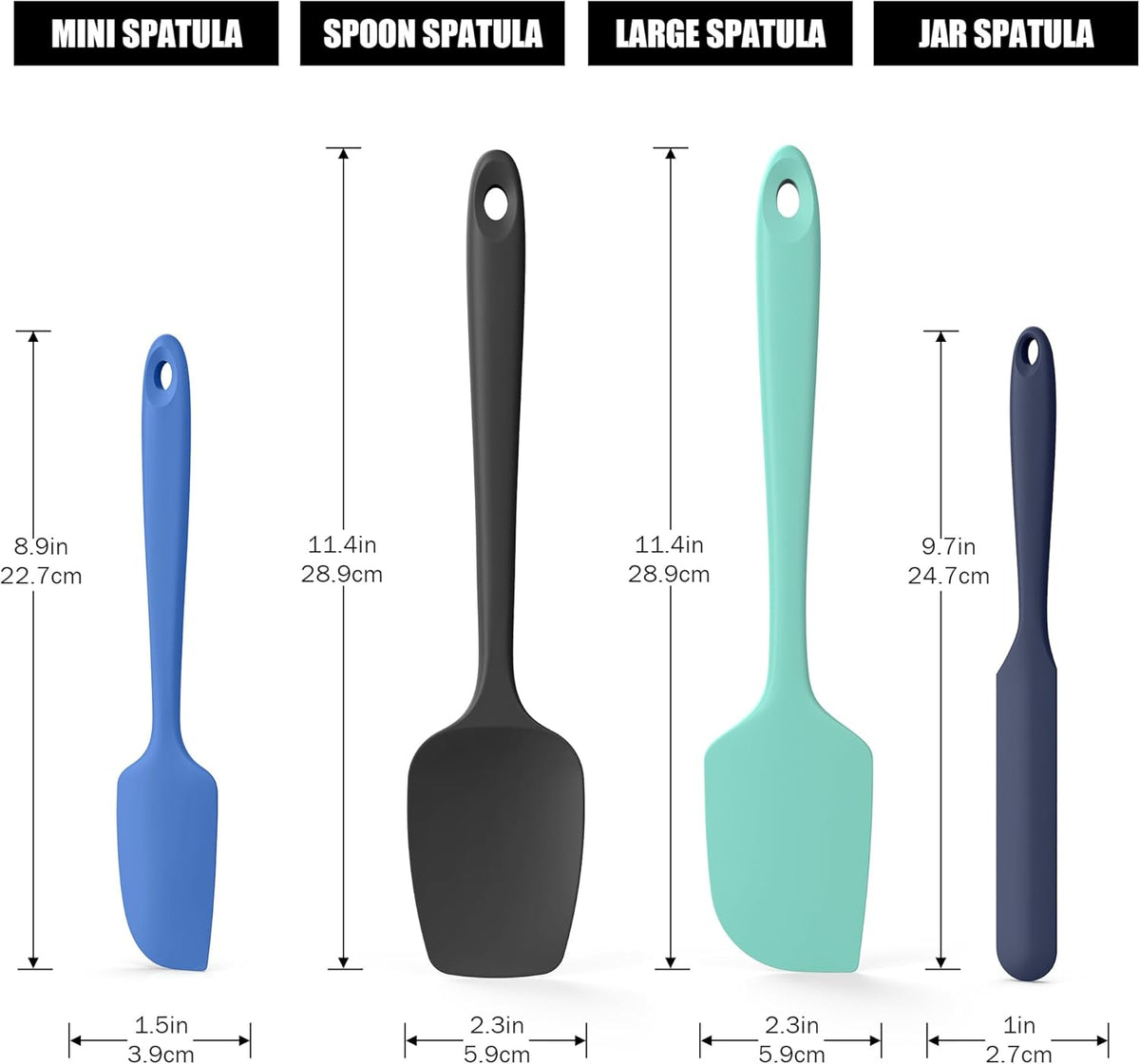4-Piece Silicone Spatula Scrapers: Doosu 600°F Heat Resistant Food Grade Kitchen BPA Free Rubber Baking Cooking Tool Nonstick Utensil Set for Mixing, Scraping, Folding, Stirring, Serving (Multi-3)