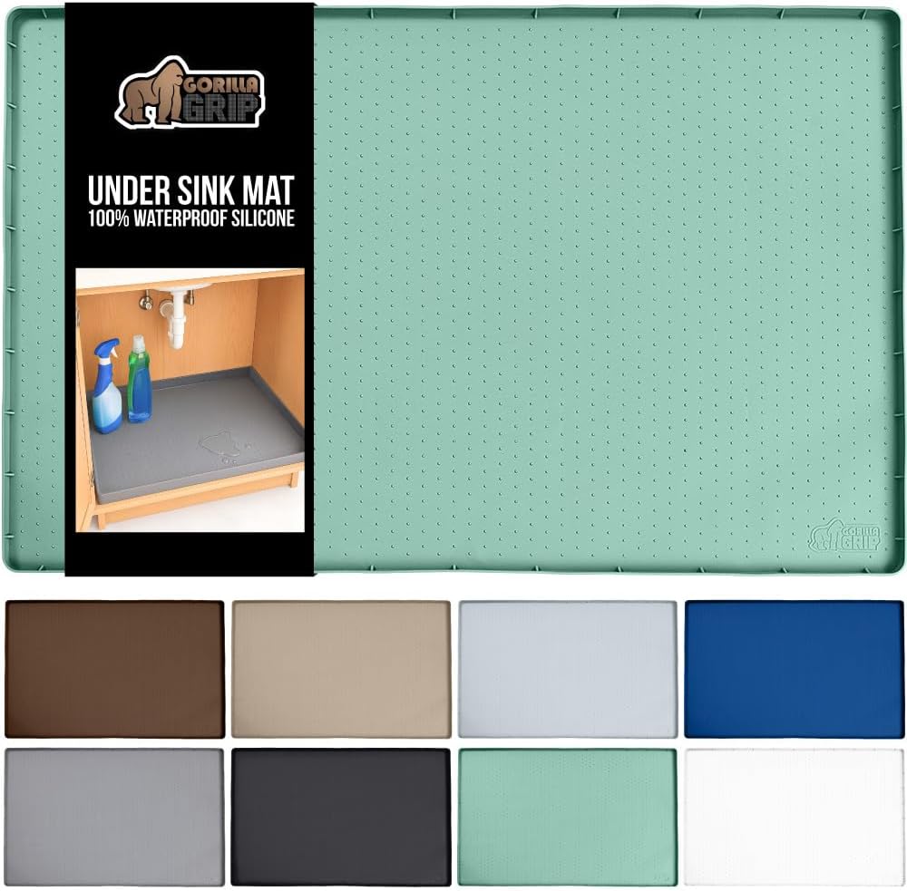 GORILLA GRIP Waterproof Silicone Under Sink Mat with Raised Lip for Kitchen and Bathroom, 34 x 22 in, Cabinet Shelf Liner Stay in Place Mats Dishwasher Safe Drawer Liner, Organizer Tray, Mint