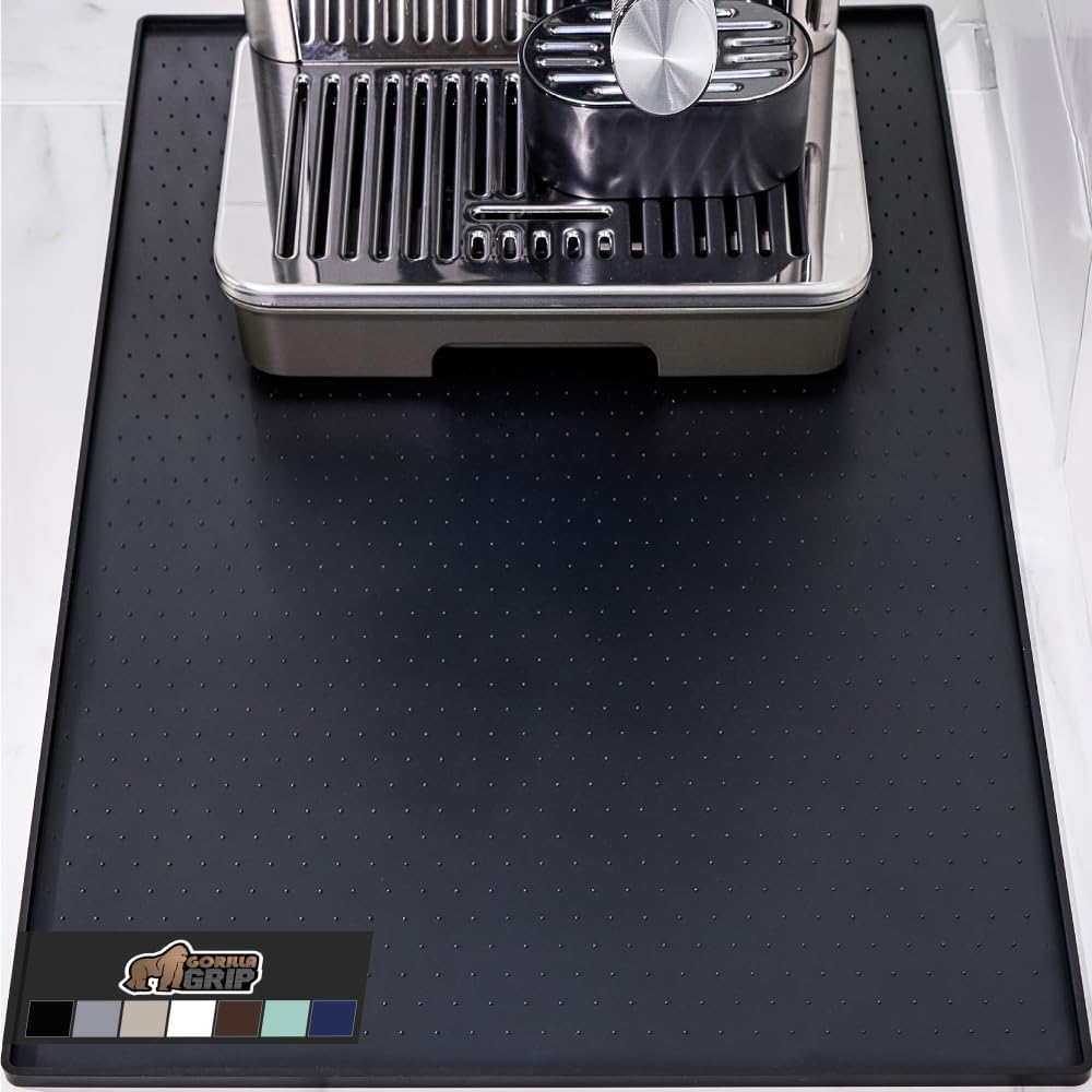 GORILLA GRIP Silicone Coffee Mat, 18x28, Espresso Drink Bar Station Accessories, Waterproof Heat-Resistant Dish Drying Mats, Stay in Place on Kitchen Counter, Home Kitchen Decor Essentials, Black