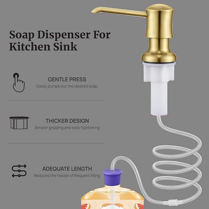 Sink Soap Dispenser for Kitchen Sink Brushed Gold Upgrade with 40" Silicone Extension Tube Kit, Connect to Your Soap Bottle Directly