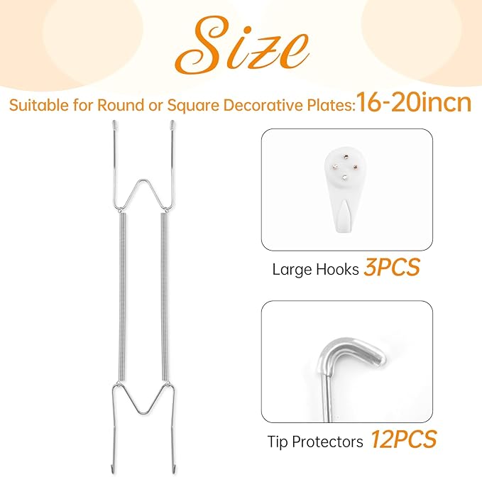 3 Pack Plate Hangers for The Wall, Suitable for 16-20 inch Art Plate, Stainless Steel Invisible Heavy Duty Wire Plate Holder with Wall Hooks, Plate Hangers for Displaying Plates, Platter, Dish, Silver
