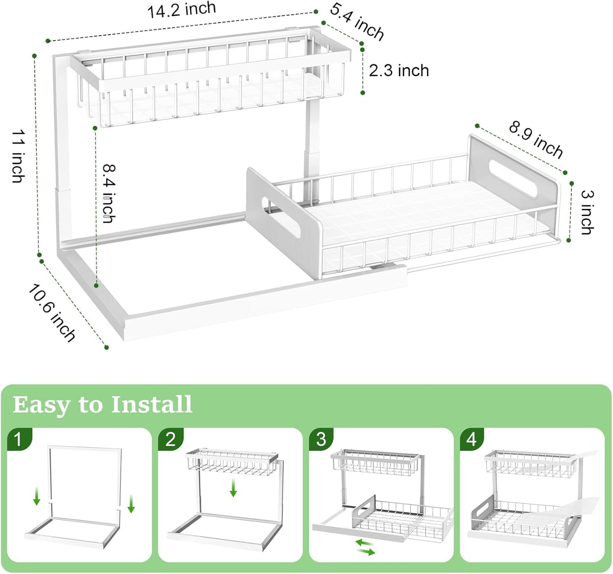 REALINN Under Sink Organizer, Pull Out Cabinet Organizer 2 Tier Slide Out Sink Shelf Cabinet Storage Shelves, Under Sink Storage for Kitchen Bathroom Cabinet, White, 1 Pack