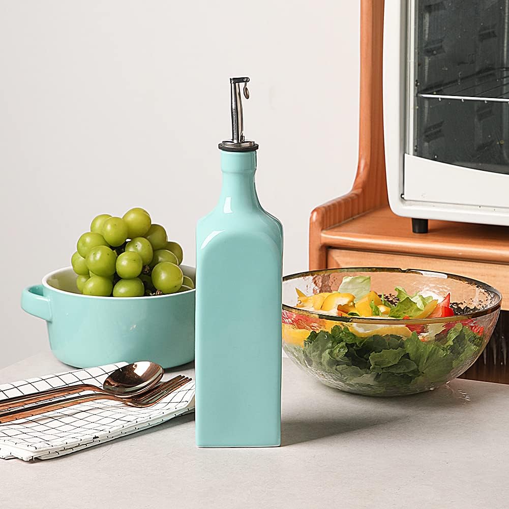 Sweejar 19 Fl Oz Ceramic Olive Oil Dispenser Bottle with Spout, Large Oil Dispenser for Kitchen, Opaque EVOO Oil and Vinegar Cruet for Cooking, Oil Container for Avocado Oil, Pack of 1 (Turquoise)