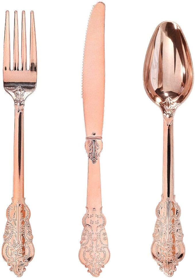 WDF-300 Pieces Rose Gold Plastic Silverware- Disposable Flatware -Heavyweight Plastic Cutlery- Includes 100 Forks, 100 Spoons, 100 Knives for Wedding& Parties