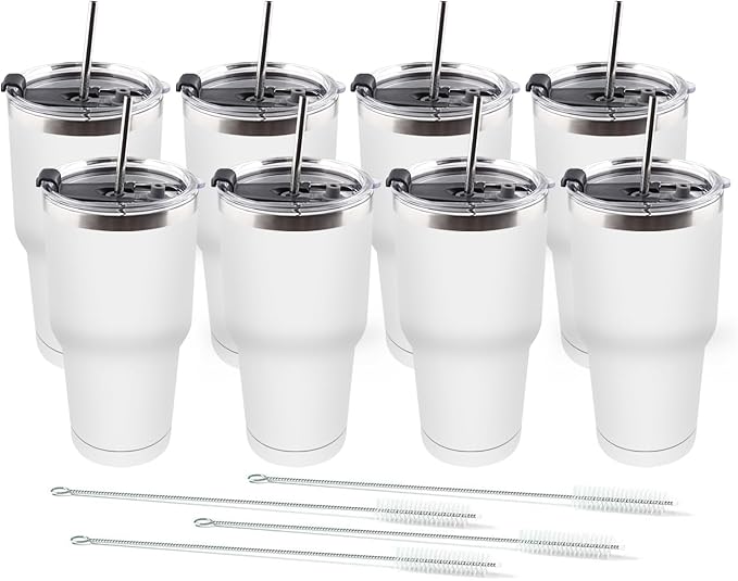 Amtidy 8 Pack 30oz Travel Mug, Powder Coated Stainless Steel Vacuum Double Wall Bulk Tumbler, Durable Insulated Coffe Cup with Splash Proof Lids straw and cleaning brush，for Home, Office, Party