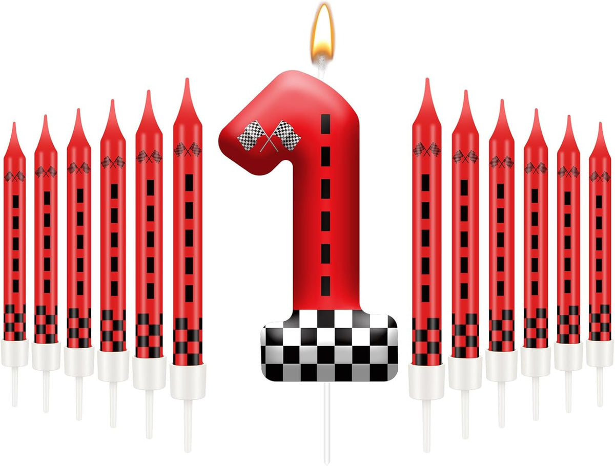 13PCS Racing Car Theme Birthday Candle Set with Checkered Flag Design - Durable Cake Topper for Race Car Party Decorations, Kids Birthday Supplies - Number 1 Candle for Racing-Themed Celebrations