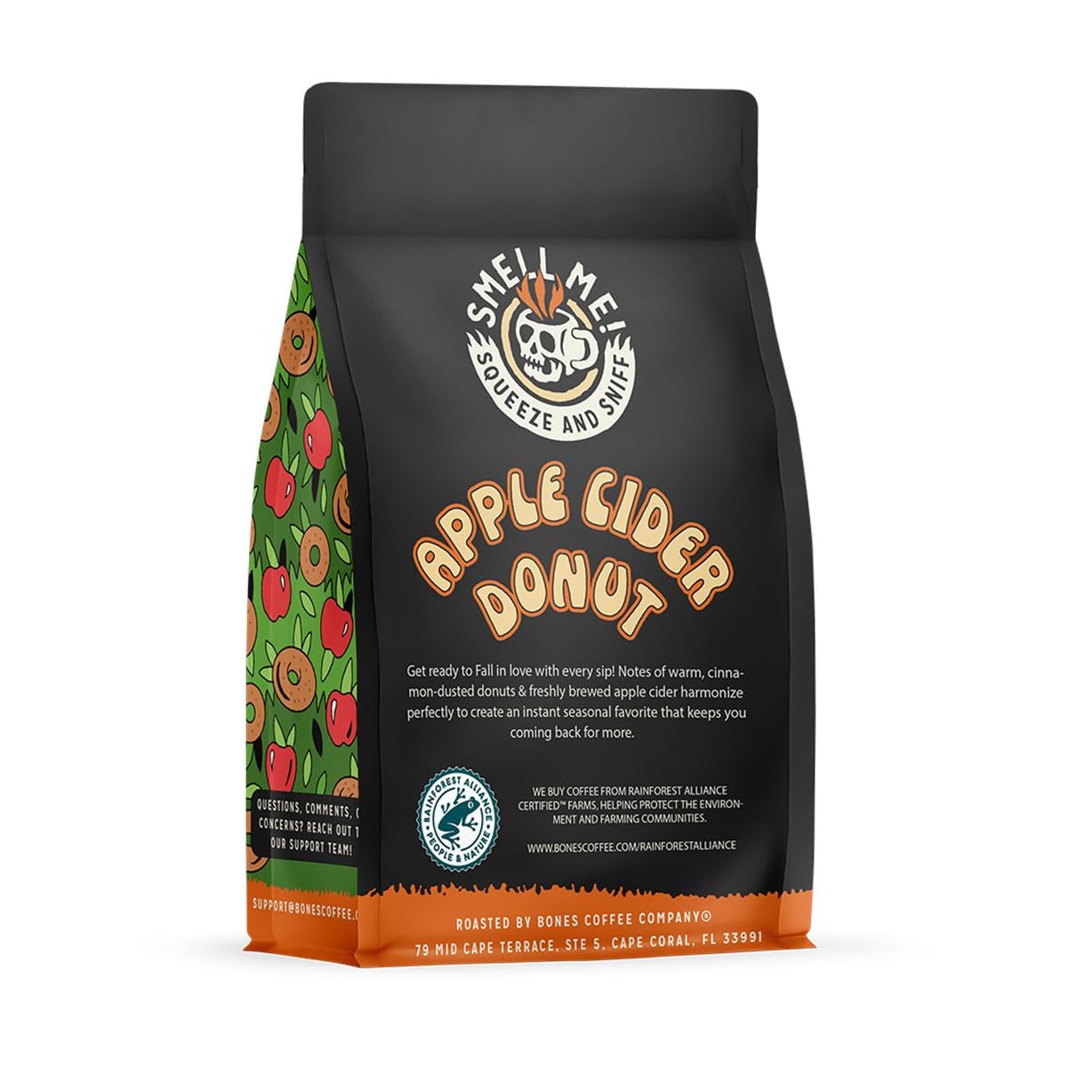 Bones Coffee Company Apple Cider Donut Flavored Coffee, Medium Roast Low Acid Arabica Beans Compatible with Auto drip and French Press Coffee Maker, 12 Oz Ground
