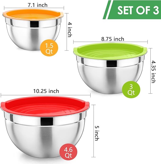 P&P CHEF Multicolor Mixing Bowls with Lids, Set of 3, Stainless Steel Salad Nesting Bowl for Mixing, Storing, Prepping, Airtight & Stackable, Size 4.6/3 /1.5 QT