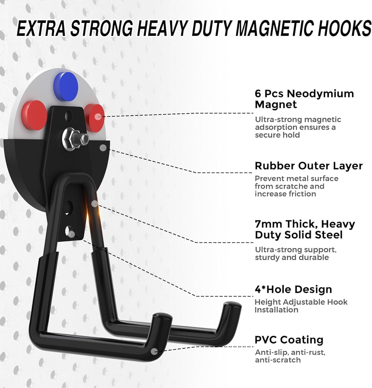 12 Pcs Magnetic Hooks Heavy Duty, Large Strong Magnetic Storage Hook for Hanging Garage Tool, 66mm Magnet Hooks with Anti-Slip Coating, Magnetic Holder for Power Drill/Metal Cabinet/Garden Tools
