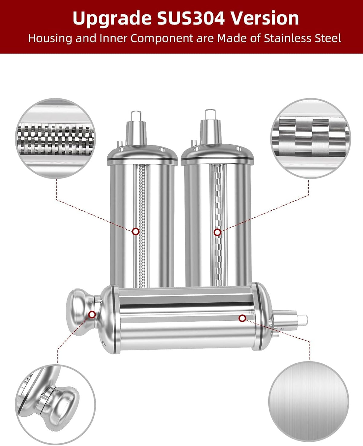 Pasta Maker Attachment for Kitchenaid Stand Mixer Included Pasta Sheet Roller, Spaghetti Cutter and Fettuccine Cutter, Pasta Maker Stainless Steel Accessories with 8-Speed Adjustable, 3 Piece