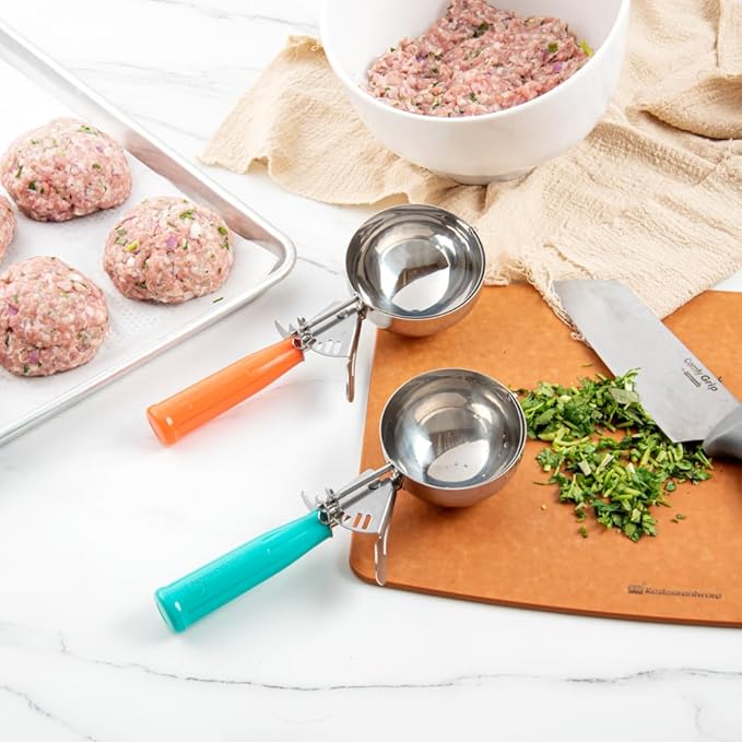 Restaurantware Met Lux 8 Ounce Portion Scoop 1 Durable Disher Scoop - Thumb Trigger Orange Stainless Steel Ice cream Disher For Portion Control For Ice Cream Mashed Potato And Cookie Batter