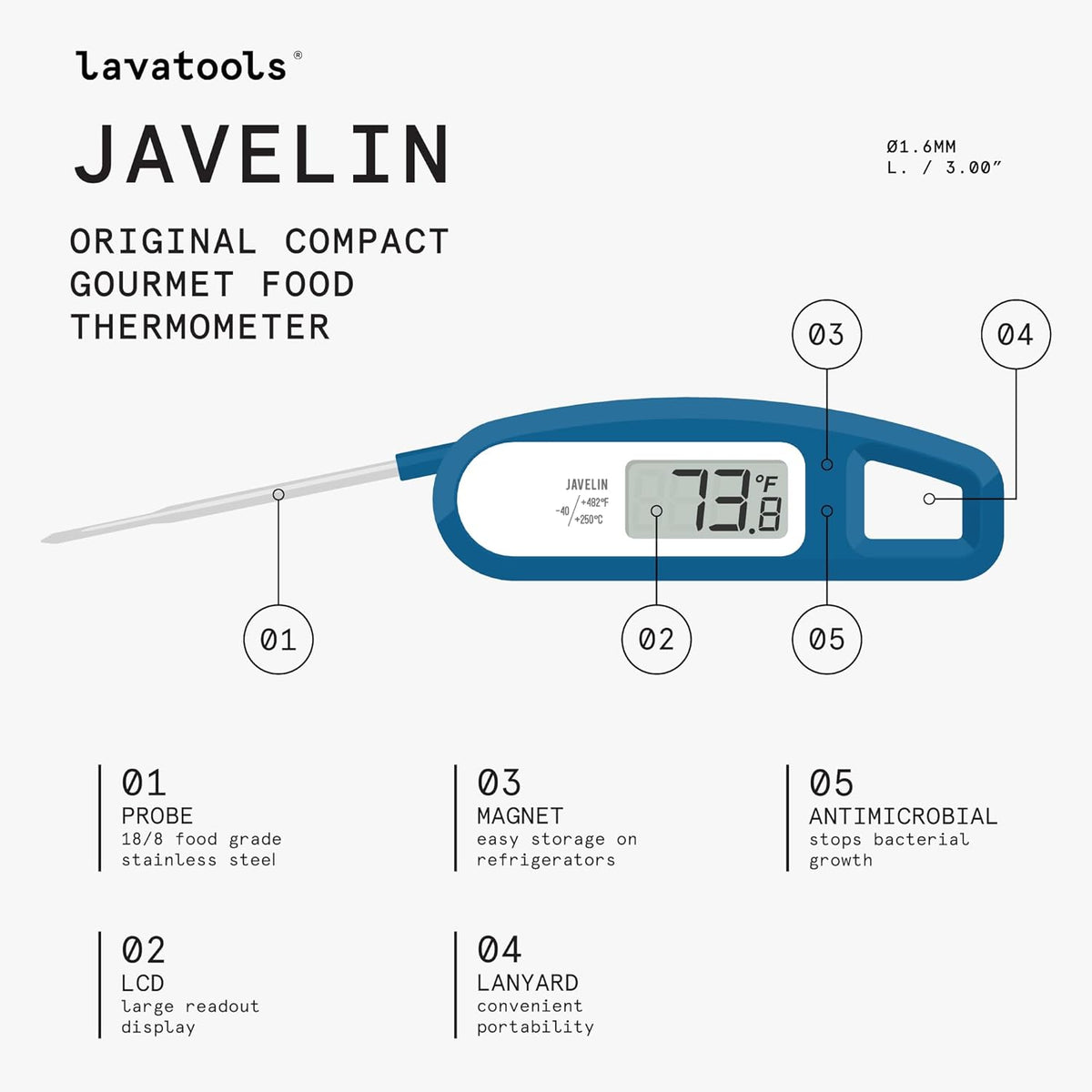 Lavatools Javelin® Ultra-Fast 3-Second Digital Instant Read Meat Thermometer for Grill and Cooking, 2.75" Probe, Compact Foldable Design, Large Display, IP65 Water Resistant, NSF Certified – Sambal