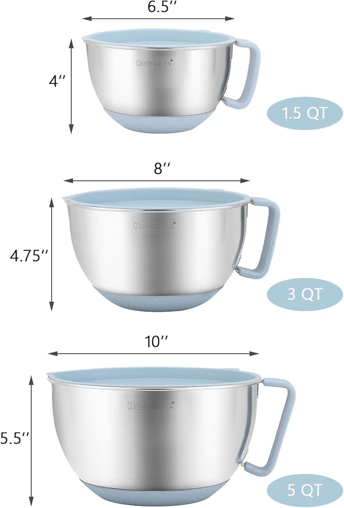 Rorence Stainless Steel Mixing Bowls Set: Non-Slip Silicone Bottom Kitchen Bowls with Pour Spout, Handle and Lid - Set of 3 - Light Blue