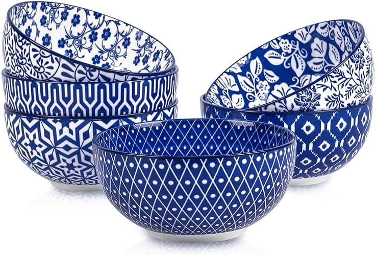 Selamica Ceramic 12 OZ Dessert Bowls Set, Ice Cream Bowls, 4.7 Inch Small Bowls for Snack, Side Dishes, Rice, Microwave Dishwasher Safe, Set of 6, Vintage Blue