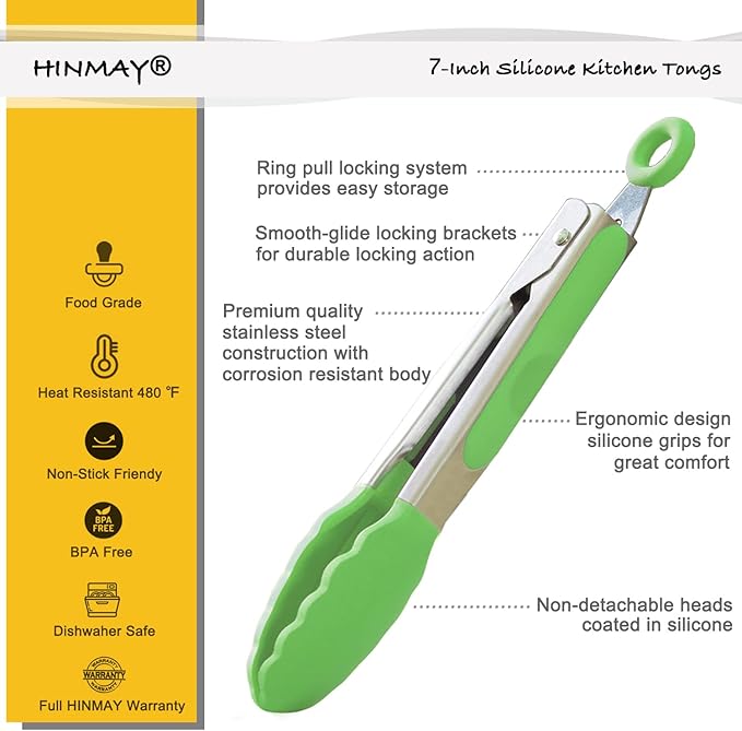 Mini Tongs with Silicone Tips 7 Inches Silicone Cooking Tongs, Set of 3 (Green)