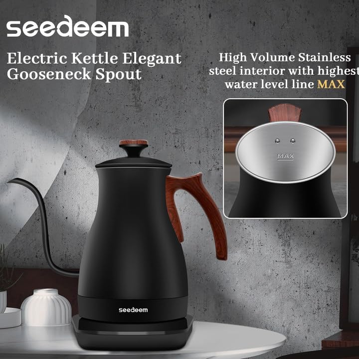 SEEDEEM Gooseneck Electric Kettle Full Touch Screen 1200W Electric Tea & Coffee Kettle with Four Heating Modes Rapid Heating,±1℉ Temperature Control，Keep Warm Mode,1L Electric kettle