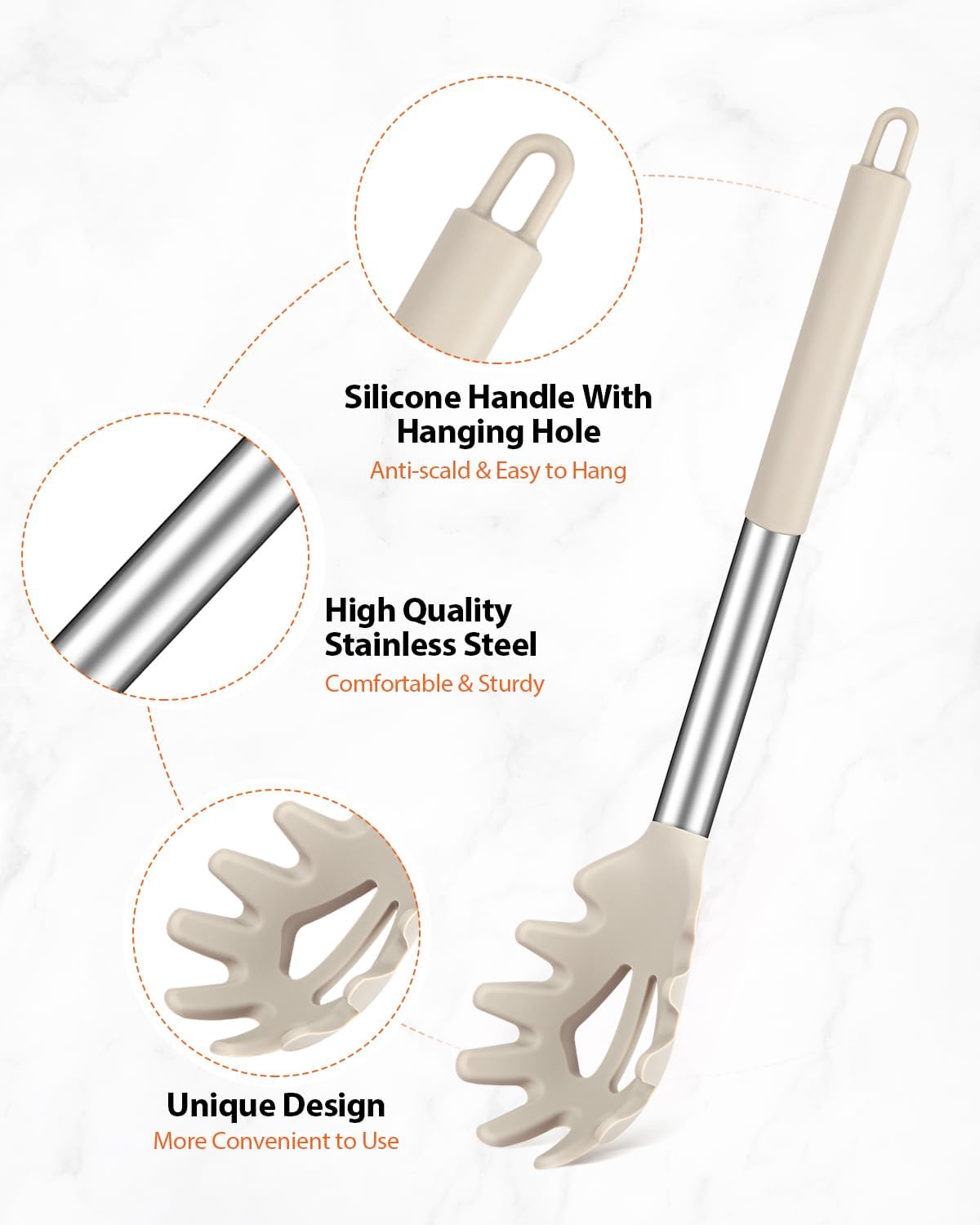 Silicone Spaghetti Spoon & Pasta Tong With Pasta Measurer, 3 Pack of Non-Stick Stainless Steel Handle Pasta Fork Set with Teeth, Food Clip for Easy Serving of Noodles (KHAKI)