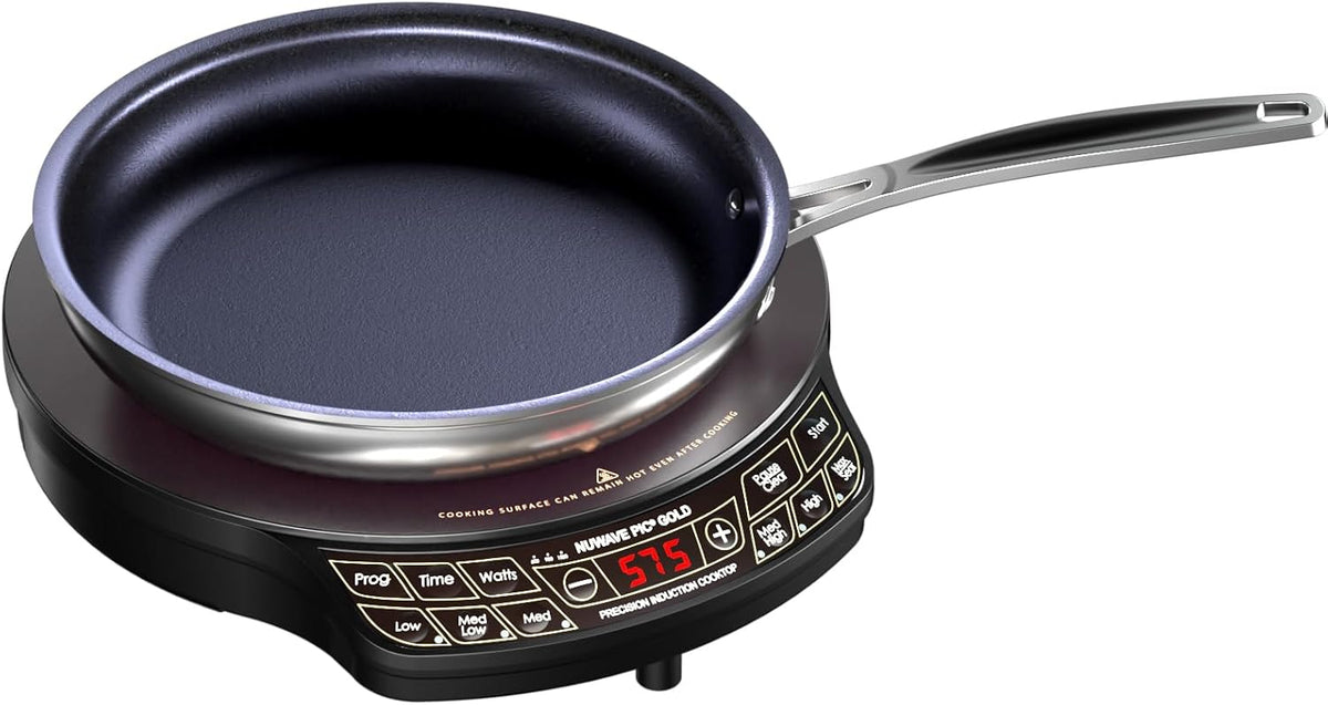 Nuwave Gold Precision Induction Cooktop, Portable, Powerful Large 8” Heating Coil, 12” Shatter-Proof, Heat-Resistant Ceramic Glass Surface, 10.5” Duralon Healthy Ceramic Non-Stick Fry Pan Included