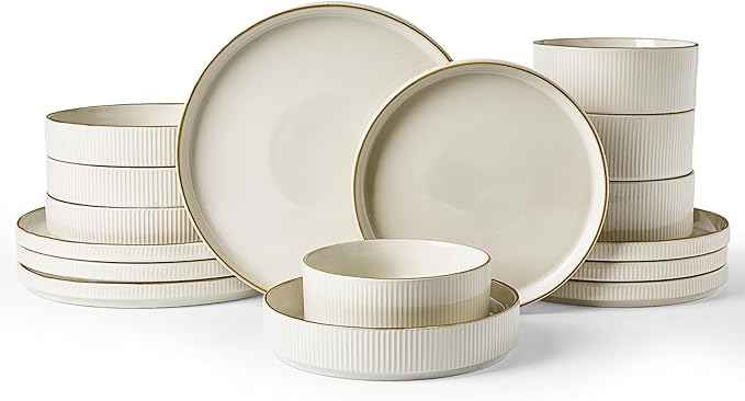 Famiware Star Dinnerware Set with Pasta Bowls, Service for 4 (16pcs), Ribbed Stoneware Plates and Bowls Dishes Sets with Trim - Chip & Scratch Resistant, Microwave & Dishwasher Safe, White