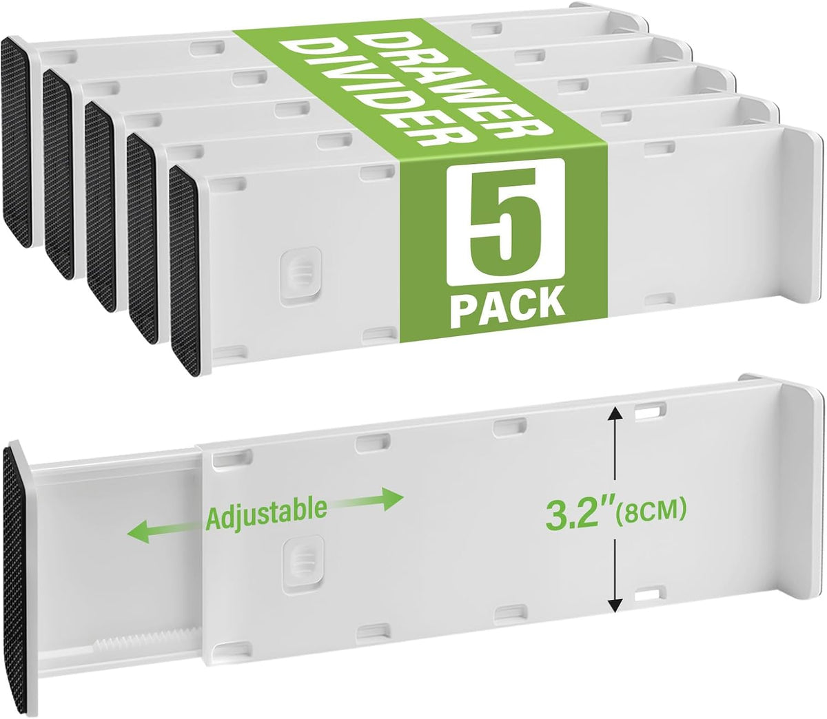 5 Pack Drawer Dividers 3.2" High Slim Organizers Expandable 10.8-17.9" Adjustable Separators for Shallow Drawers Kitchen Utensils Baby Clothes Underwear Storage-White(Short)