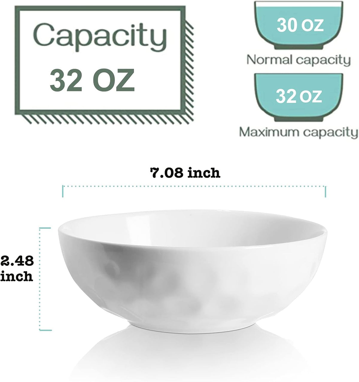 vicrays Ceramic Pasta Bowls Set, 32 Ounce Soup Bowls, Large Salad Bowls, Chip Resistant, Dishwasher Microwave Safe, Fluted stoneware Bowls for Kitchen, Serving Bowls, Set of 6 (White)