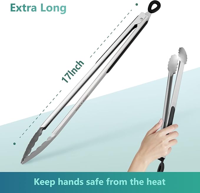 Grill Tongs, 17 Inch Extra Long BBQ Tongs, Premium Stainless Steel Metal Tongs for Cooking, Grilling, Barbecue/BBQ, Buffet (17", 1PC)