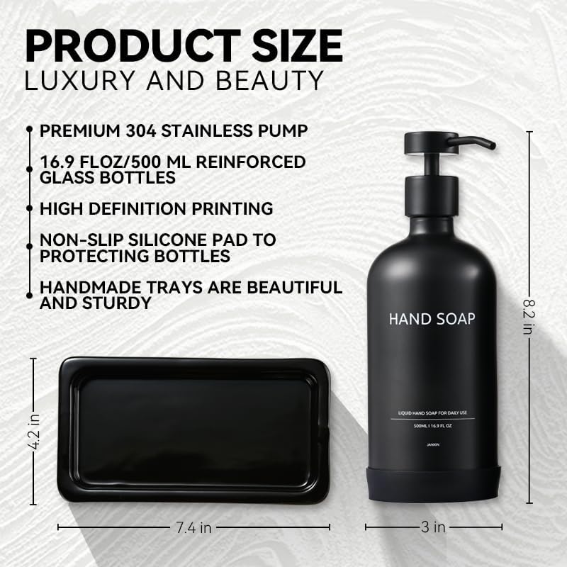 Glass Kitchen Soap Dispenser Set with Ceramic Tray,16.9 floz Hand and Dish Soap Dispenser for Kitchen and Bathroom Decor,Kitchen Accessories(Black Bottles +Black Pumps)