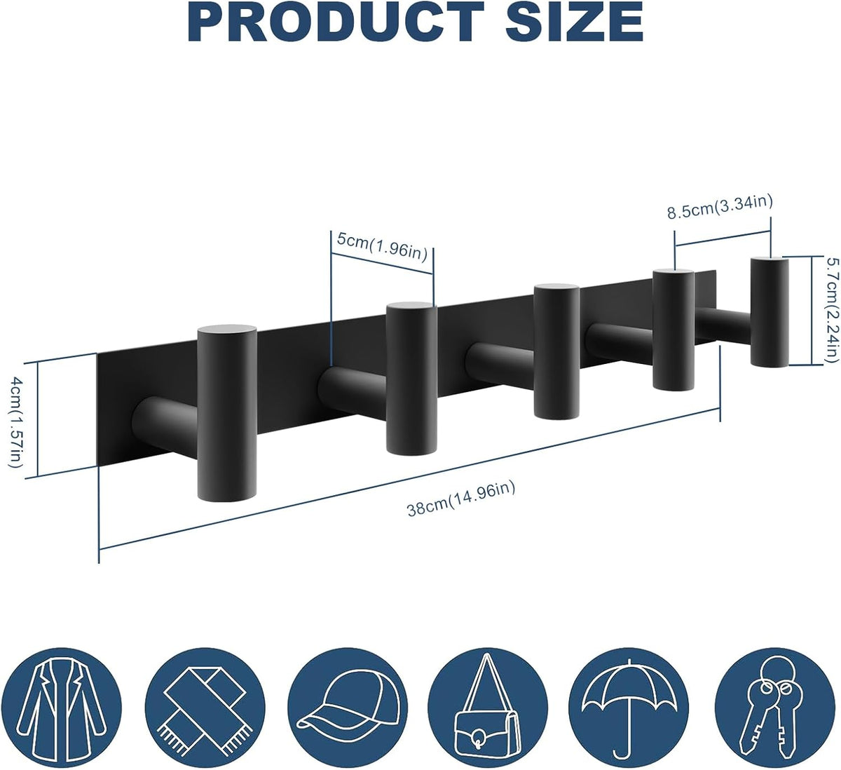 PMMASTO Coat Rack Wall Mounted, 5 "T Shaped Wall Hooks for Hanging, Heavy Duty Stainless Steel Coat Hook Rail for Hat Towel Robes in Bathroom Kitchen Mudroom Entryway (Black, 2 Pack)