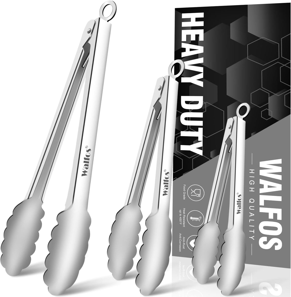 Walfos Stainless Steel Tongs, 3-Piece Set (7", 9", 12") - Heavy Duty, Heat Resistant, Non-Slip Grip, BBQ Grilling & Cooking Tongs