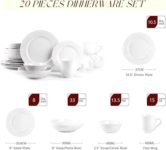 Pearl Dots Stoneware Dinnerware Set 20pc Set, White