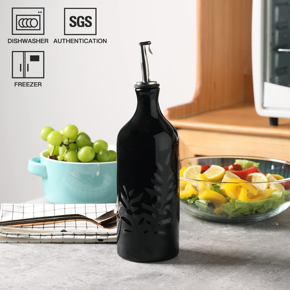 Sweejar Ceramic Olive Oil Dispenser Bottle, 20 Oz Relief Opaque Oil Cruet Protects Oil To Reduce Oxidation, Suitable for Storage Oil, Vinegar, Soy Sauce, Coffee Syrup, Liquids, Set of 1 (Black)
