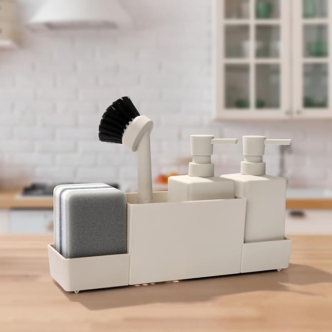 Kitchen Soap Dispenser with Sponge Holder Set for Sink Caddy, Hand Soap and Dish Soap Dispenser with Brush Matte Beige