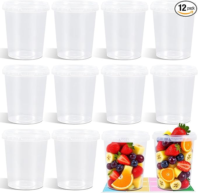 12 Pack 32 oz Clear Plastic Bucket with Lid, Food Storage Containers, Freezer Plastic Cups, Leakproof, BPA Free, Microwave & Dishwasher Safe Takeout Container - Ideal for Soup and More