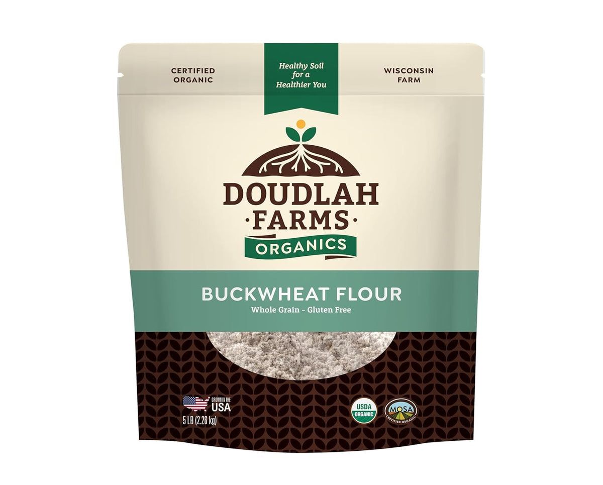 Organic Buckwheat Flour 5 lb - Non-GMO, USDA Organic, Gluten Free, Vegan - For Baking Bread, Pancakes, and More! Grown In USA, Farmed From Regenerative Soil by Doudlah Farms