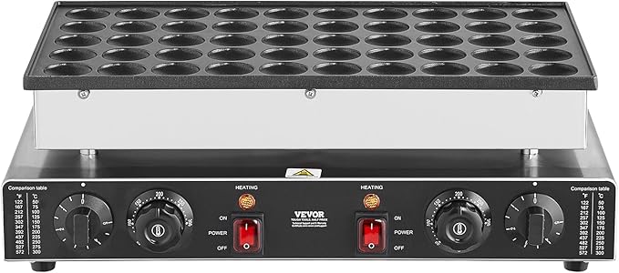 VEVOR 110V Mini Dutch Pancake Baker, 50PCS 1700W Commercial Electric Nonstick Waffle Maker Machine, 1.8 Inches Pancake Maker with 2 Thermostats & 2 Timers Separate Control, for Home and Restaurants