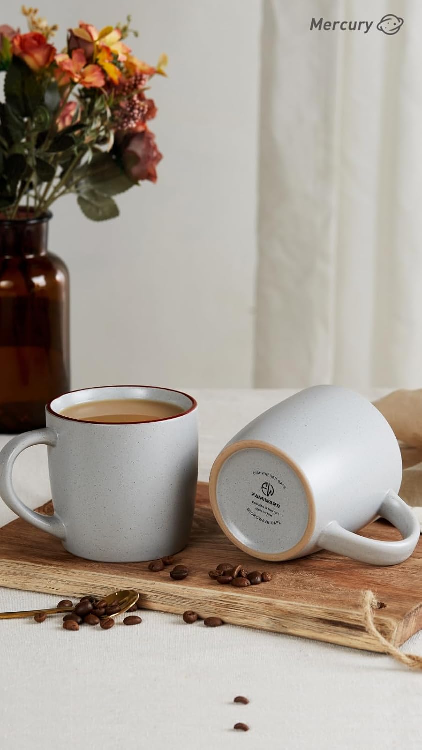 famiware Mercury Coffee Mugs 13 oz, Coffee Mugs Set of 4 with Handle, Cups for Latte, Hot Tea, Cappuccino, Mocha, Cocoa, Light Grey