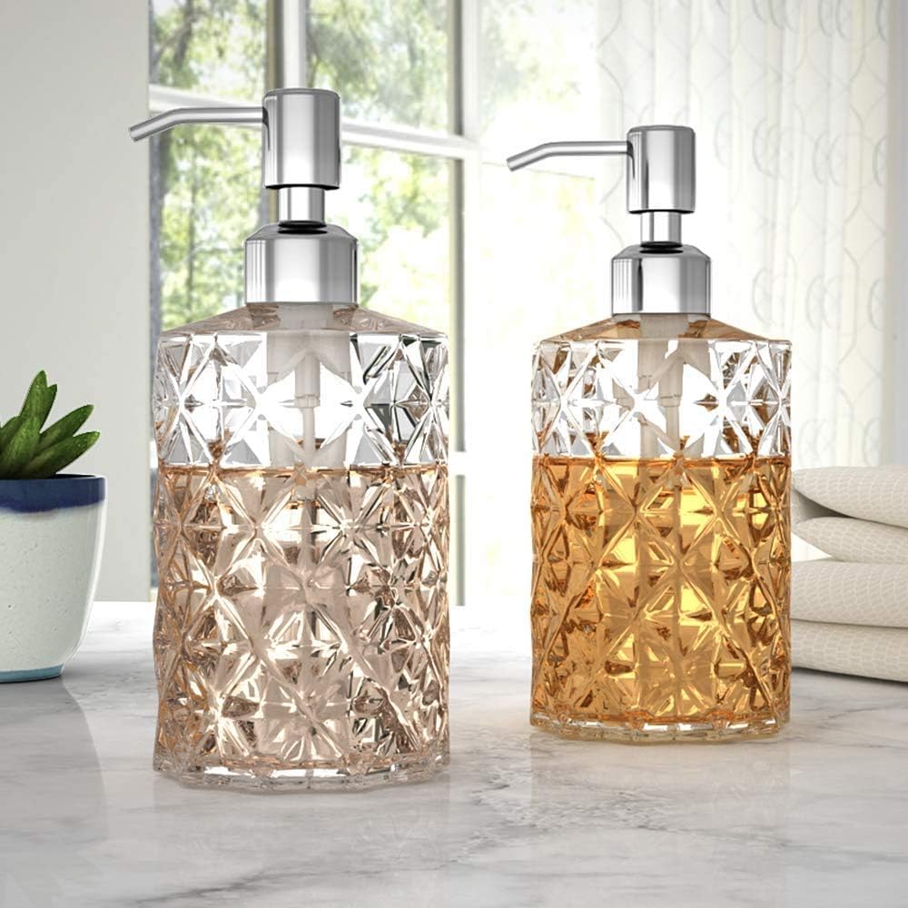 GLADPURE Soap Dispenser - 2 Pack, 12 Oz Clear Diamond Design Glass Refillable Hand Soap Dispensers; with 304 Rust Proof Stainless Steel Pump, Lotion Dispensers for Kitchen, Bathroom