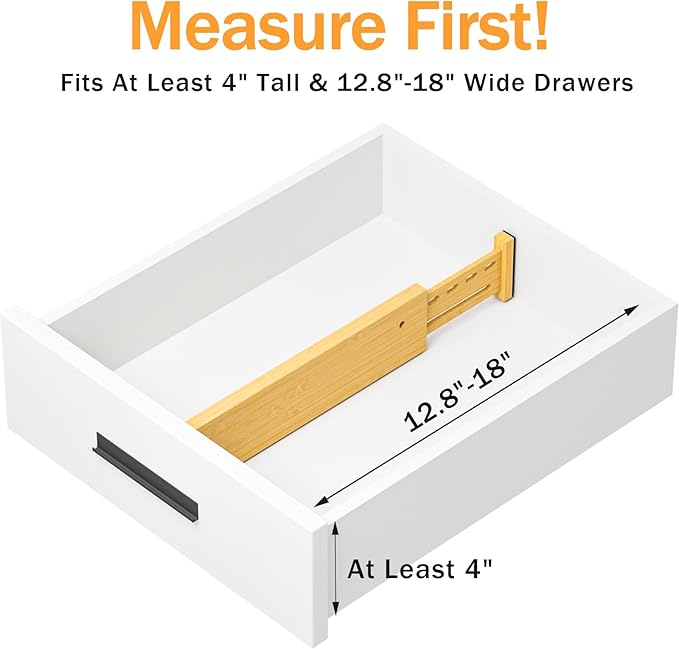 Bamboo Drawer Dividers 4" High, 12.8-18" Adjustable Drawer Organizers for Clothes,Expandable Dresser Separators in Bedroom/Kitchen/Bathroom/Office Organization and Storage,6 Pack
