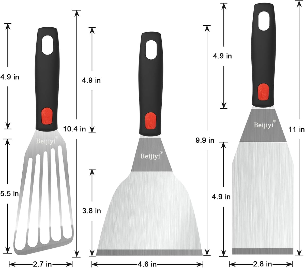 Beijiyi Stainless Steel Spatula Set, Heavy Duty Small Metal Spatula for Cooking Cast Iron Skillet with Silicone Handle - Griddle Grill Kitchen Spatula Flipper for Pancake, Fish, Smash Burger and Egg