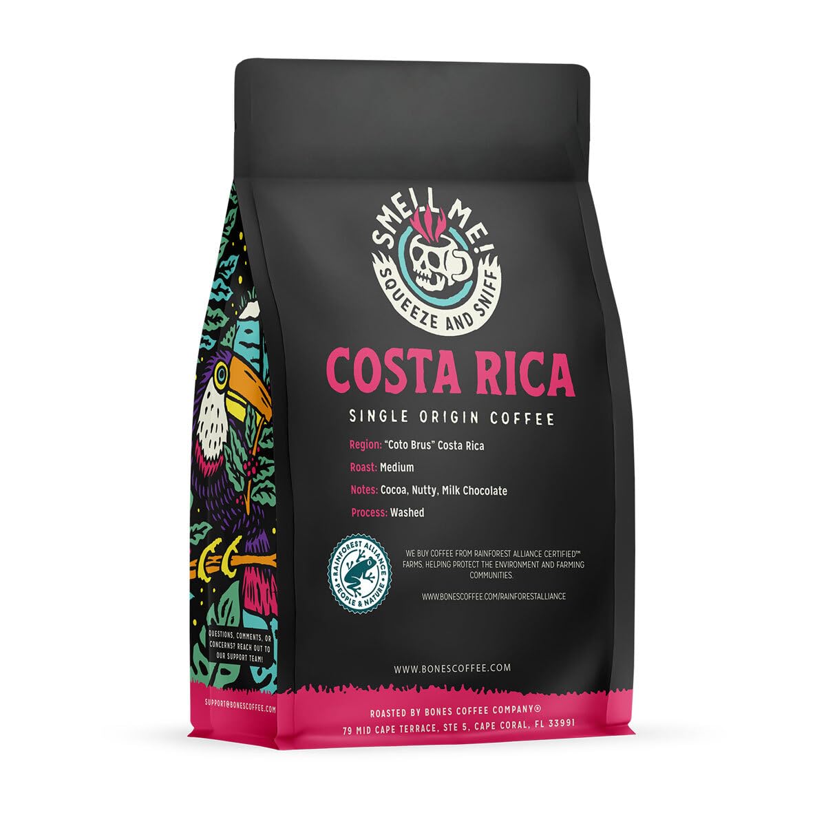 Bones Coffee Company Costa Rica Single-Origin, Cocoa, Nutty and Milk Chocolate Notes, Whole Coffee Beans, Low Acid Medium Roast Arabica Beans Flavored Coffee for Auto drip, 12 oz Whole Bean