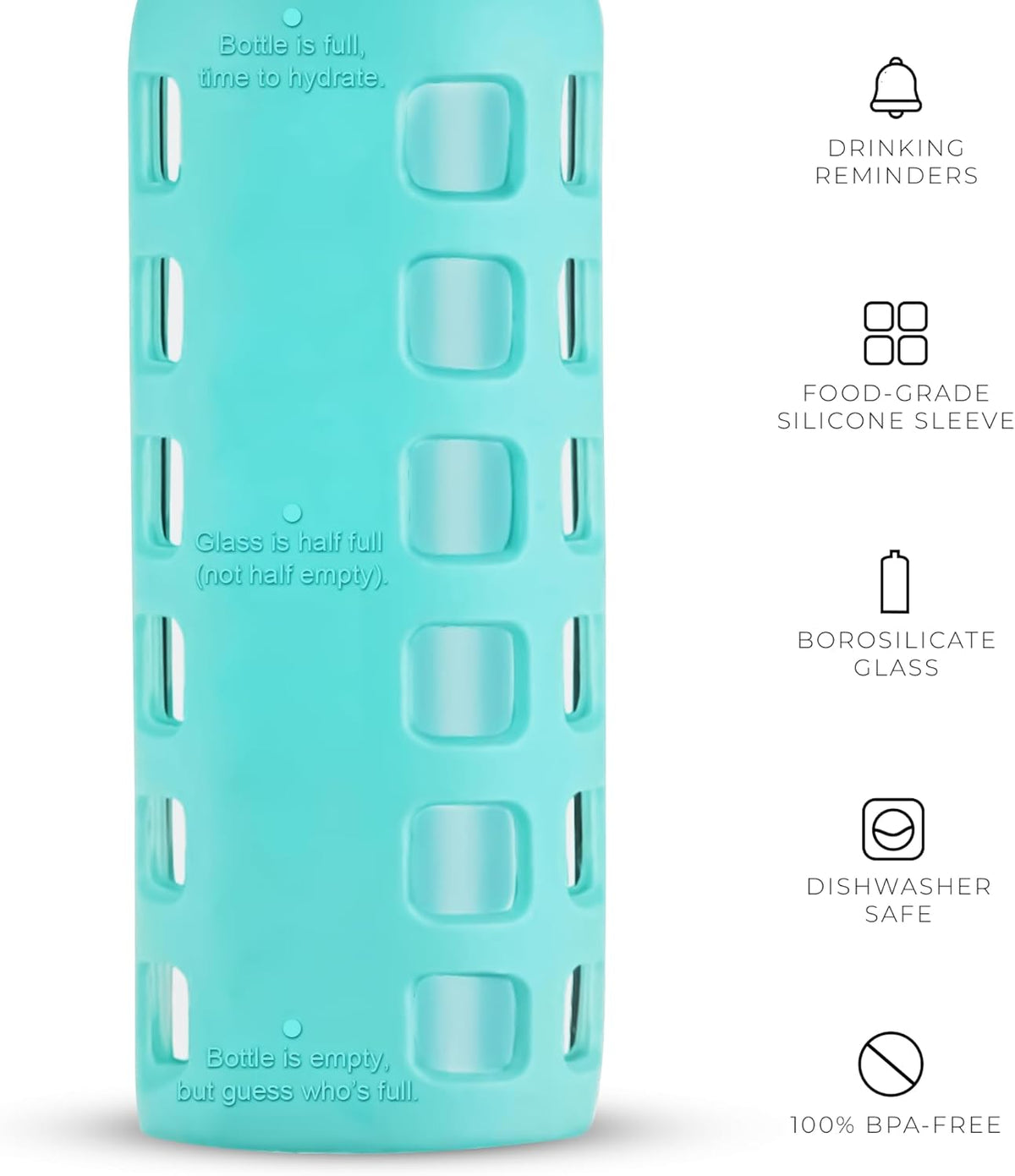purifyou 40oz / 32oz / 22oz / 12oz Borosilicate Glass Water Bottle with Time & Volume Markers, Silicone Sleeve, Stainless Steel Lid – Reusable Glass Bottle for Water & Juice (12oz Aqua Blue)