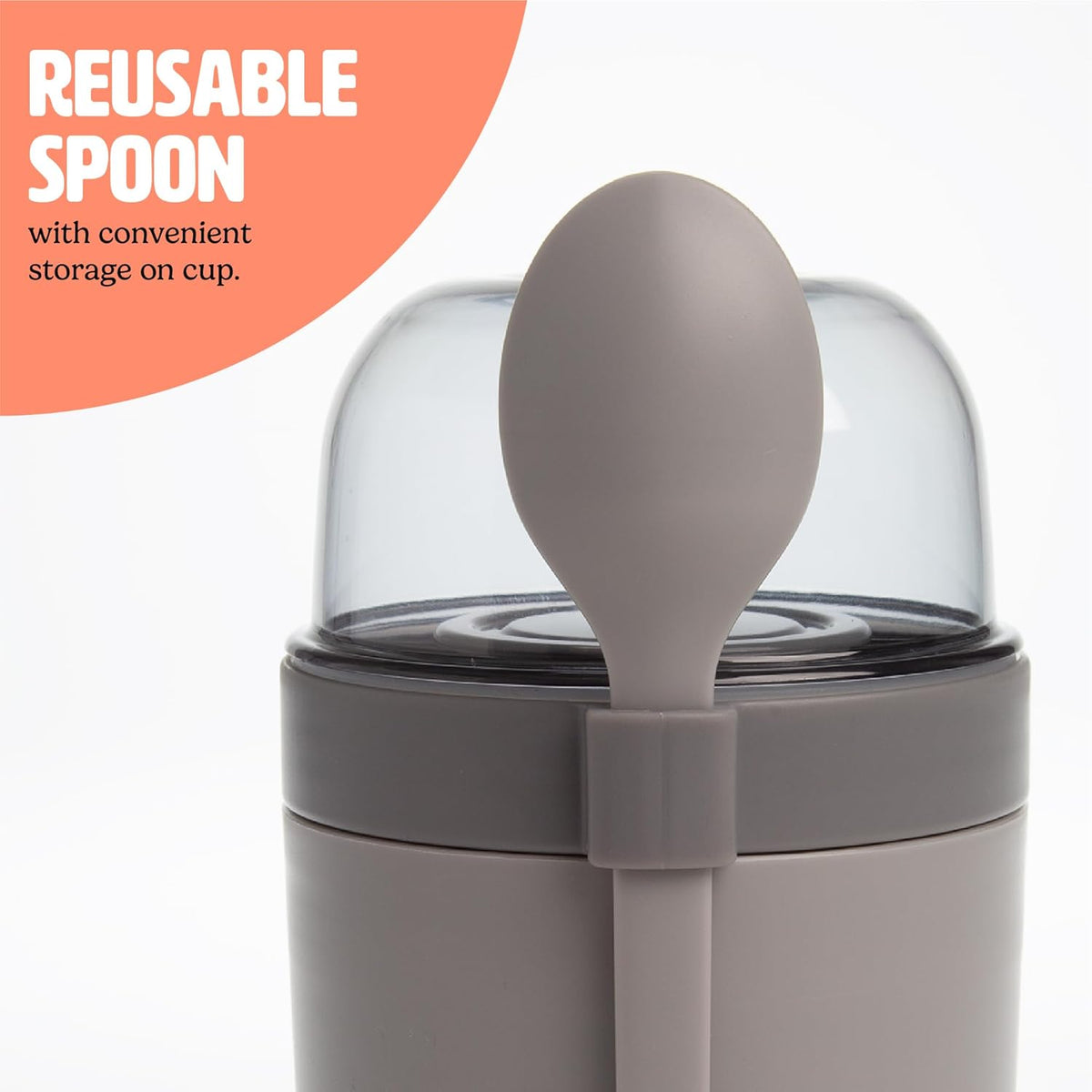 Tasty Travel Snack Cups with Spoons, On-The-Go Snacking, Divided Compartments, Great for Nuts, Cereal, Granola, Yogurt and More, Made Without BPA, 2-Pack, Gray