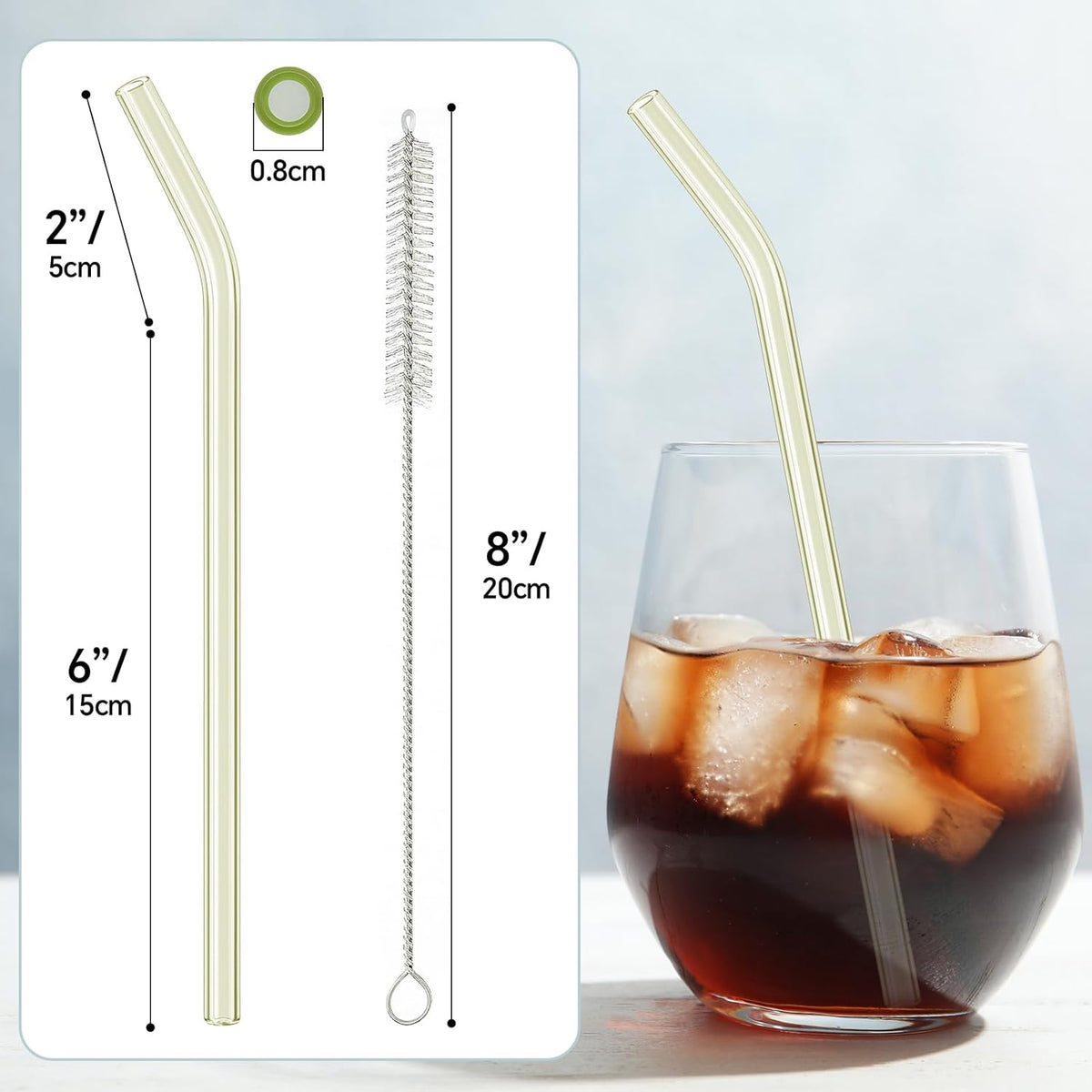 12 Pcs Reusable Glass Straws 8"x 8 mm Bent Glass Drinking Straws with Cleaning Brush for Tea, Smoothies, Milkshakes, Juices,Beverages.(yellow)