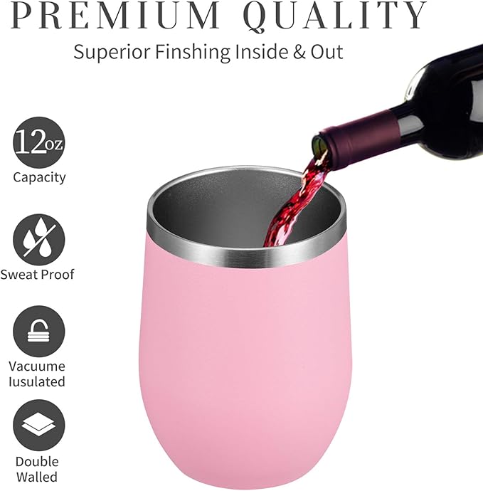 MEWAY Stemless 12oz Wine Tumbler Glasses with Lid -Insulated Double Wall Vacuum Stainless Steel Travel Tumbler with Straw,for Woman Under 10 dollars (Pink,1)