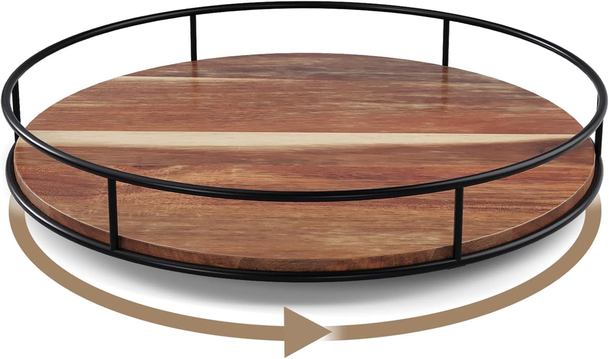 13 Inch Lazy Susan Organizer with Steel Frame for Kitchen,Acacia Wood Turntable for Cabinet,Pantry,Table,Pantry,Countertop,Refrigerator,Spice Rack